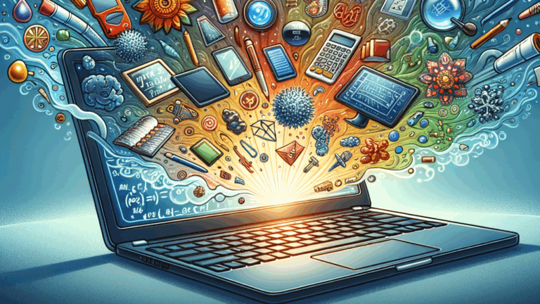 Depict Generative AI in Education in a illustration style cartoonish way. Maybe like a laptop with all study materials coming out of it