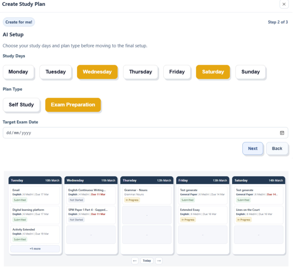 Personalised study plan for a student on Akademi